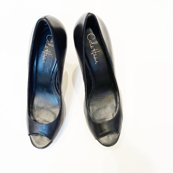 Cole Haan Nike Air Platform Peep-Toe Pumps, Classic Black Leather, Size 10.5B - Picture 1 of 3